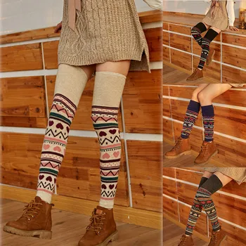 

New Arrivl High Socks Long Solid Color Warm Tall stocks rabbit wool ethnic love Womail Comfortable Breathable print Socks