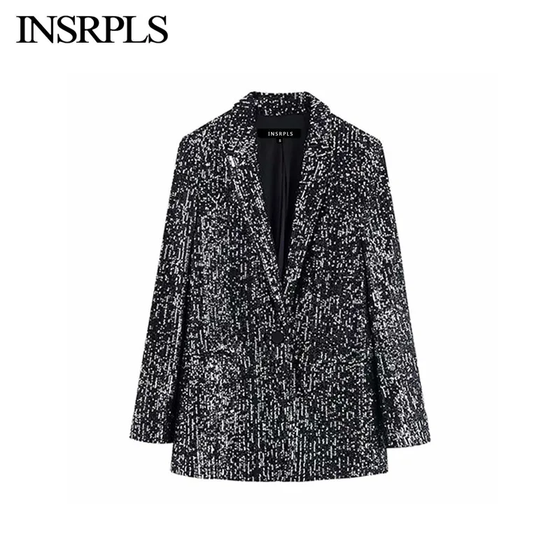 INSRPLS Women Vintage Stylish Office Wear Pockets Sequins Blazer Coat Notched Collar Long Sleeve Female Outerwear Chic Top |