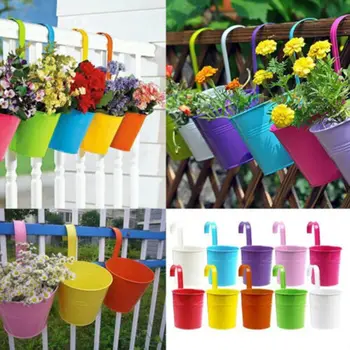 

Removable Hook Fence Wall Bonsai Flower Bath Pots Candy Color Iron Bucket Tin Garden Balcony Hanging Succulent Basket