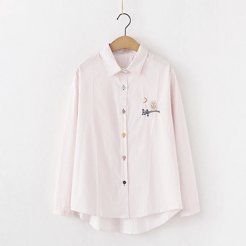 Новое поступление, хлопковая белая рубашка в полоску с отложным воротником и вышивкой в виде совы Милая Повседневная розовая блузка на пуговицах Feminina Blusa T9O503F - Цвет: red