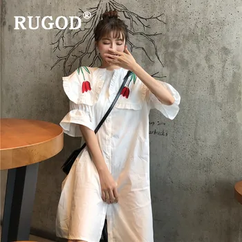 

RUGOD 2020 New Arrivals Korean Chic Peter Pan Collar Embroidery Shost Sleeved Single Breasted Shirt Dress Cotton Robe
