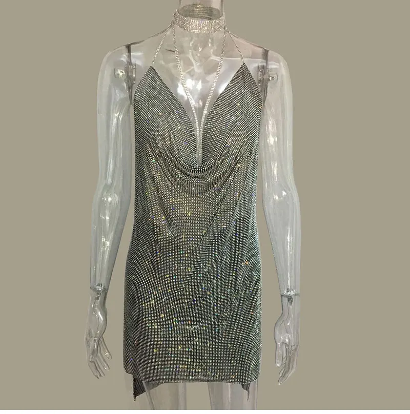 Женское мини-платье с v-образным вырезом и прозрачной металлической лямкой на шее, с открытой спиной, для девушек, для вечеринки, Vestido, блестящий купальник, Пляжное Платье