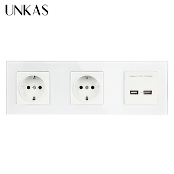 

UNKAS 5V 2A Output White Color Wall Crystal Glass Panel Double Socket 16A EU Electrical Outlet Dual USB Smart Charging Port