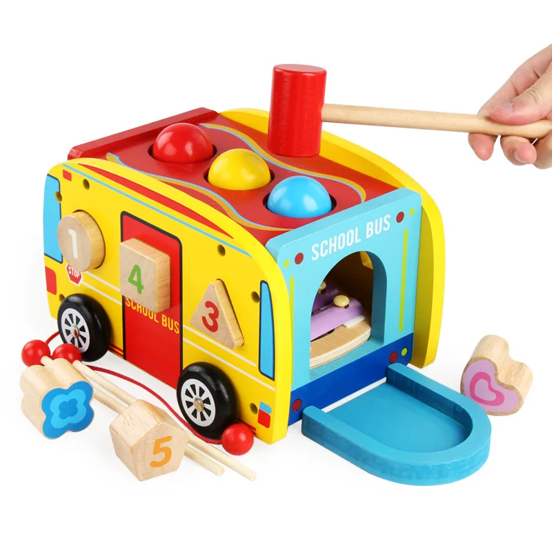 

Wooden Toys Multi-functional Drag School Bus Knock Ball Table Music Box Shape Matching Building Blocks Early Childhood Education