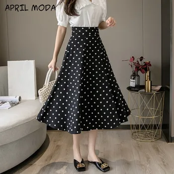 

Spring Autumn Polka Dots Print Vintage Skirts Womens Chic Swing Long Skirts Korean OL Style High Waist Casual Skirts Office Lady