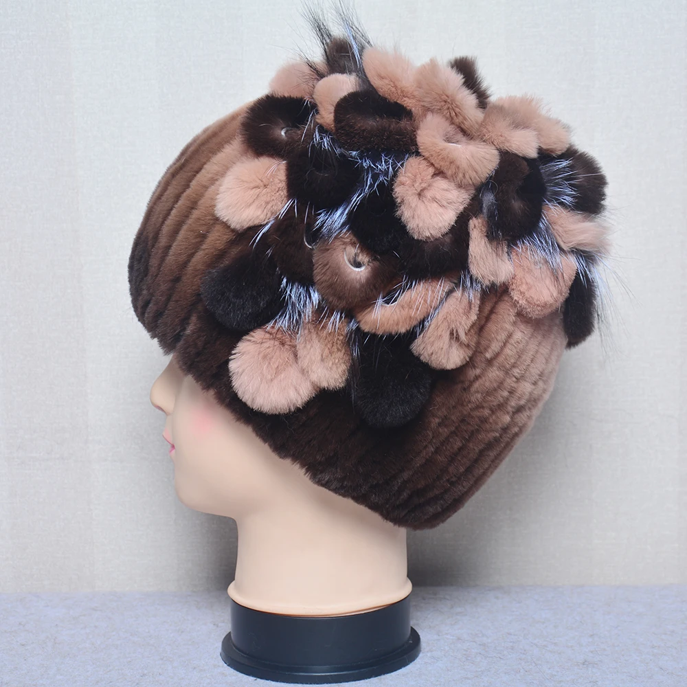 2025 Natural Rex Rabbit Fur Flowers Hat Women Winter Warm Handmade Knit Real Rex Rabbit Fur Caps Lady With Fox Fur Beanies Hats 2