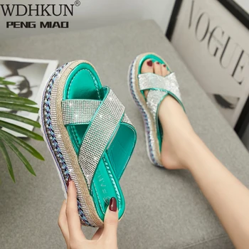 

Flat Slippers Women Shoes with Crystal Hemp High Heel Bottom Flip Flops New Female Platform Slides Chanclas Mujer 2020