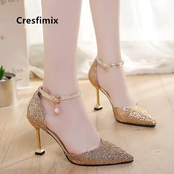 

Cresfimix Women Fashion Sexy Silver Wedding High Heel Shoes Lady Casual Golden Party High Heels Night Club Black Pumps B5505