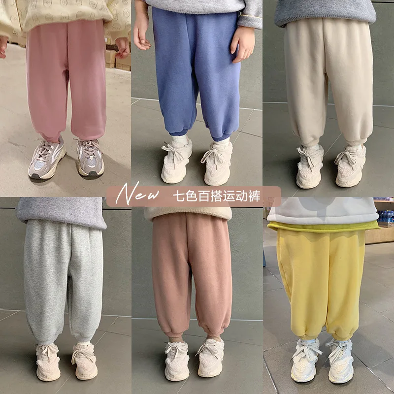 Autumn Winter boys girls solid color thick sweatpants children polar fleece lining casual sports pants kids trousers