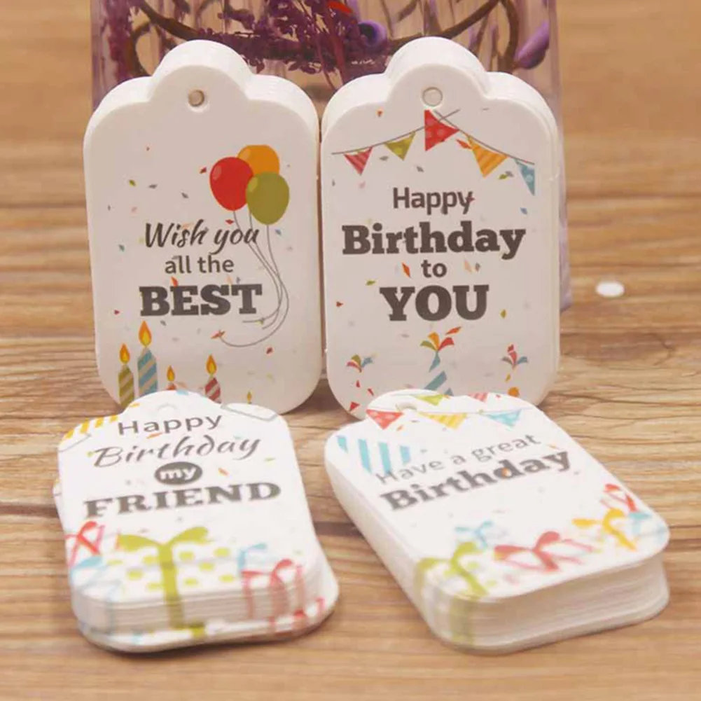 

100 Sheets / Set European Style White Cardboard Birthday Gift Tag Card Colorful Print Happy Birthday DIY Crafts Hang Tag