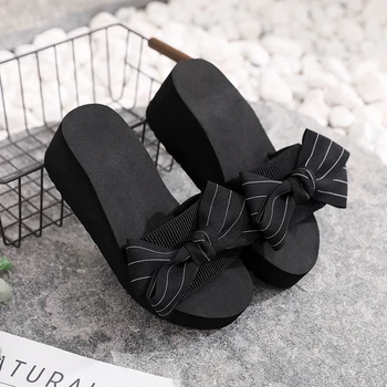 

Women Summer Stripe Beach Sandals Indoor Outdoor Flip-flops Beach Shoes Fashion 2020 new Female Casual Bow High Heel Slippers