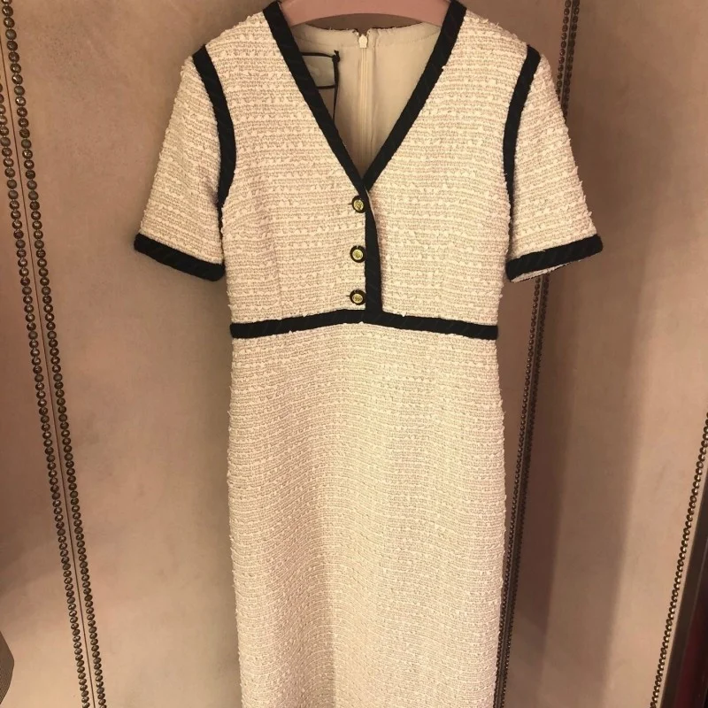 

Женское твидовое платье с коротким рукавом, разноцветное облегающее офисное платье с V-образным вырезом, трапециевидные Вечерние платья на пуговицах из твида