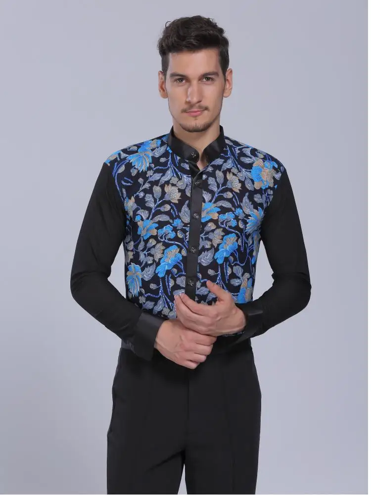 

Men's elastic Sexy Latin dance shirt men's dance suit national standard dance suit