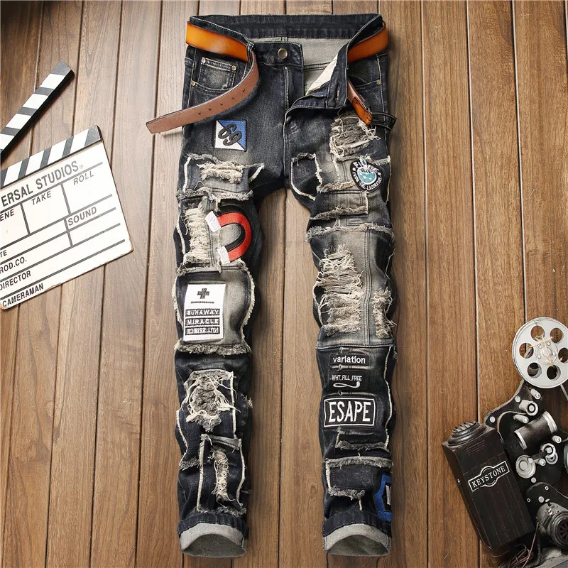 Men’s luxury hole ripped retro jeans distressed badge patched embroidery denim pants slimming hard washed casual jeans pants 2