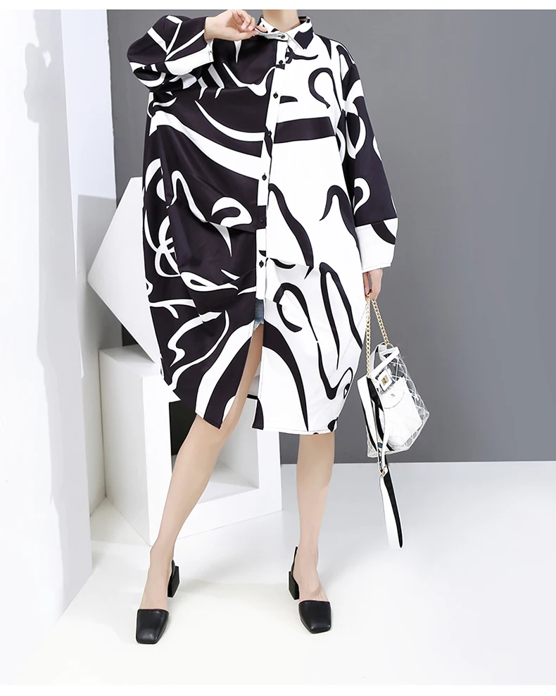 New Fashion Black And White Tie Dye Print Shirt Dress