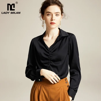 

Women's Runway Silk Shirt Turn Down Collar Long Sleeves Picked Up Elegant Casual Fashion Blouse Tops