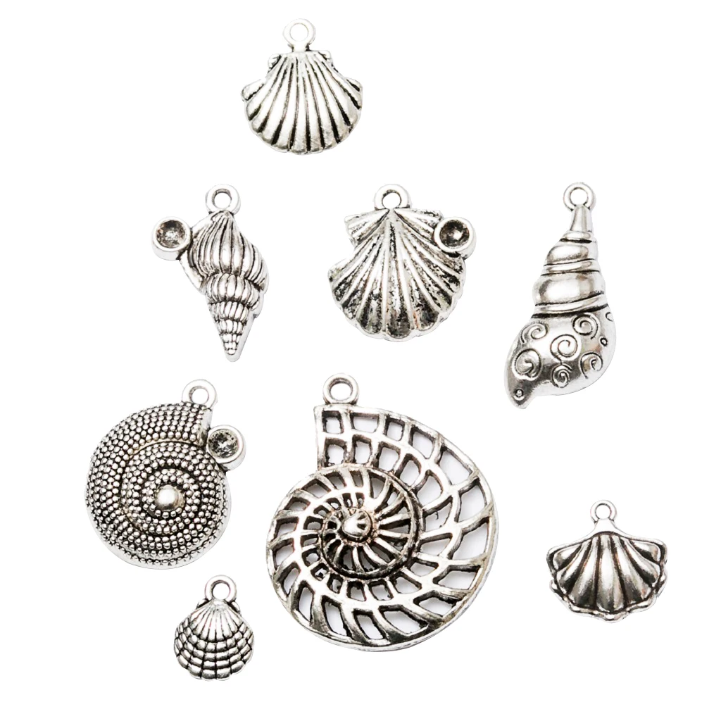 

8 Piece Vintage Assorted Silver Seashell Conch Shape Pendant Charms Antique style for Jewelry Making DIY