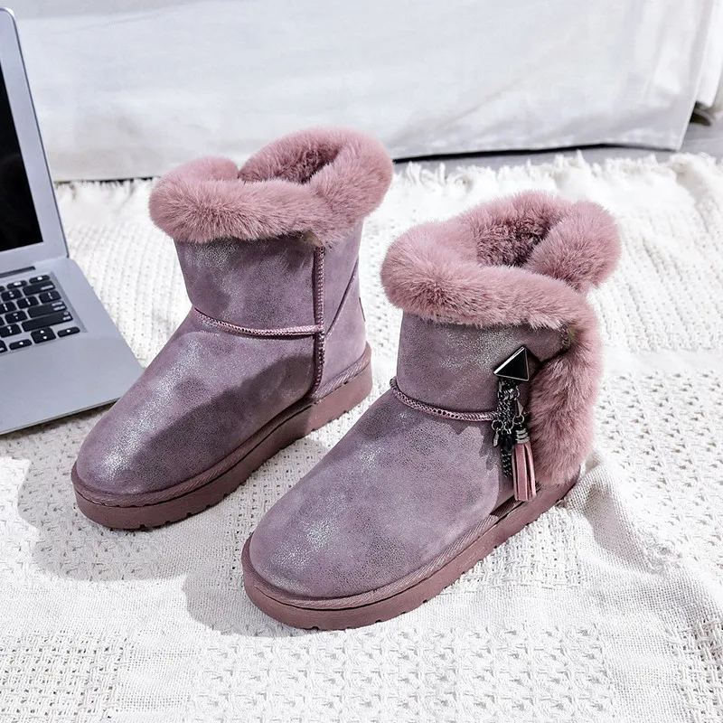 Autumn winter new rhinestone buckle female cotton shoes Korean rabbit hair fashion snow boots in the tube keep warm women boot