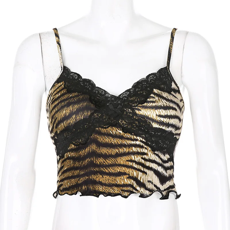 Sexy Kawaii Y2k Crop Top Sweet Spaghetti Strap Cherry Leopard Print Lace Cami Top Streetwear 90s Womens Tank Tops Canotta Donna