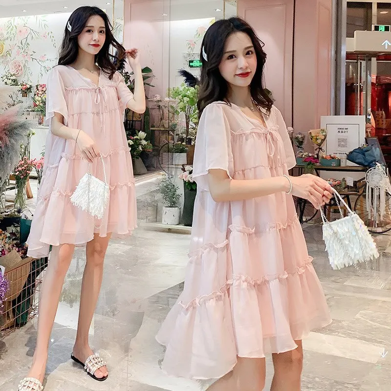 

2019 Summer Wear French Fresh Platycodon Grandiflorum Skirt Chiffon Joint Maternity Clothes Dress Hot Mom Fairy Fashion Mom Mate