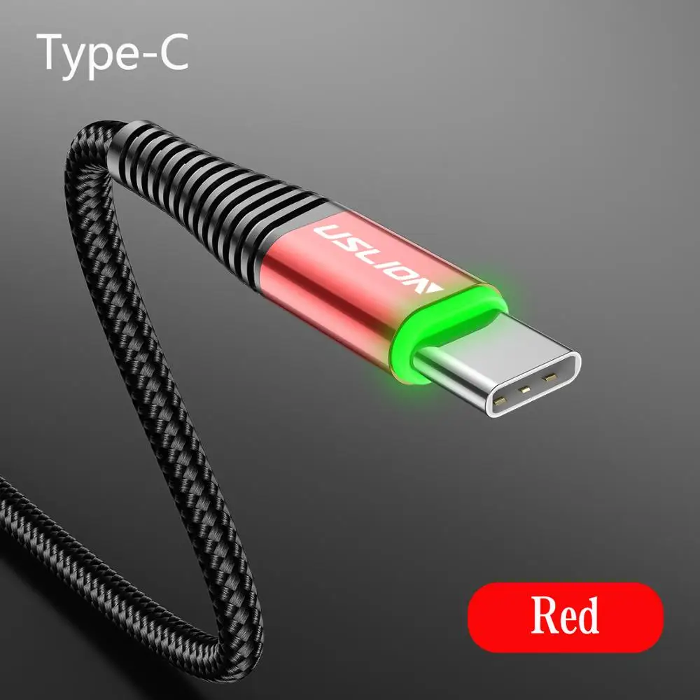 USLION 2 м светодиодный 3 А usb type C кабель Quick Charge 3,0 для samsung S10 телефонный зарядный провод USB C кабель для быстрой зарядки Xiaomi - Цвет: Red