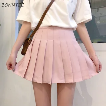 

Skirts Women Ulzzang Harajuku 2020 Fashion Summer High Waist Pleated Womens Solid Simple A-line Ladies Sweet Elastic Mini Soft