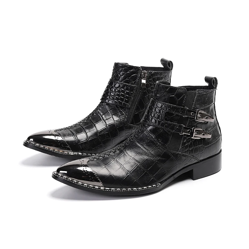 

Fashion Steel toed Chelsea Boots Handmade Pointed toe Ankle Boots Buckle Genuine Leather Black Dress Boots Big size 47