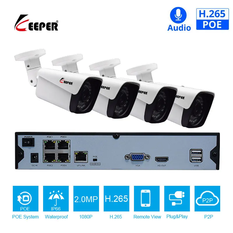 Хранитель 4CH 1080P HDMI POE NVR CCTV система 2MP уличная ip-камера IP66 P2P Onvif комплект видеонаблюдения для обнаружения движения APP View 4