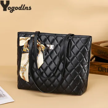 

Vintage Women PU Leather Handbag Classic Diamond Lattice Casual Tote Lady Shoulder Messenger Bag Large Capacity Ribbon Design