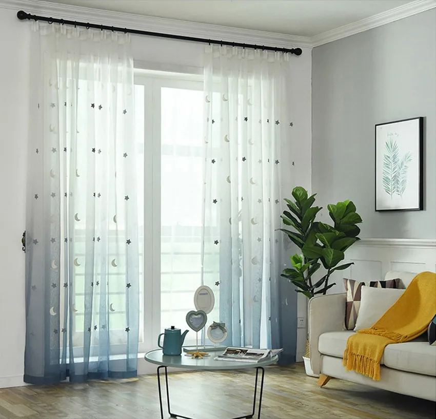 Modern Blue Gradient Tulle Curtain Stars Moon Embroidered Sheer Panel For Living Room Bedroom Kid's room Boy /Girl Curtain 154#4
