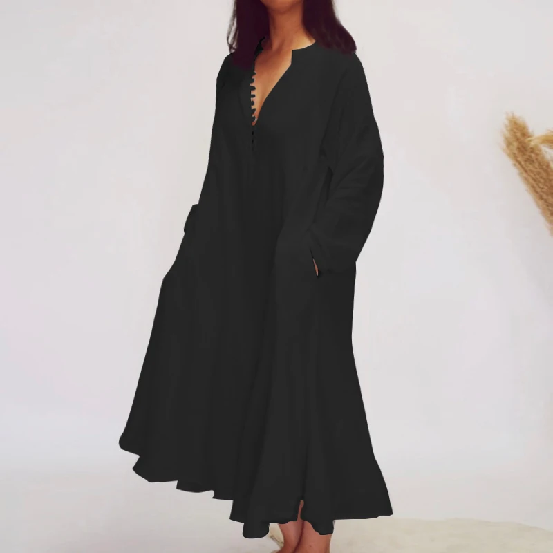 Women Long Shirt Dress Celmia Sexy V neck Long Sleeve Bohemian Party Maxi Dress Casual Buttons Pleated Vestidos Plus Size Robe