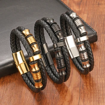 Fashionable Men's Genuine Leather Multilayer Woven Personalized Titanium Steel Bracelet with Magnetic Clasp Jewelry Gift
