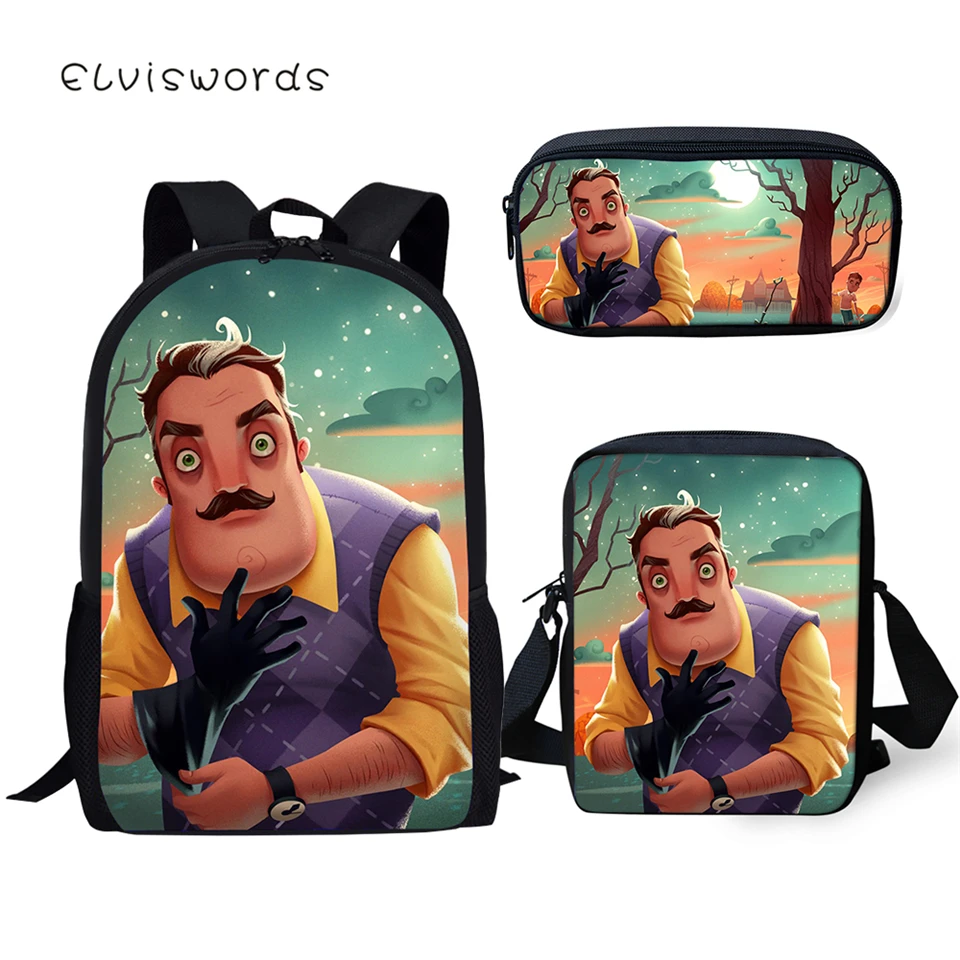 ELVISWORDS детский школьный рюкзак Hello Neighbor с печатным рисунком школьные сумки для книг с персонажами из мультфильмов для маленьких животных, комплект одежды из 3 предметов студенческие сумки