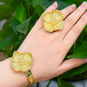 

New Noble Bracelet Ring Sets Bridal Wedding Engagement Party Jewelry Luxury Exquisite Big Blooming Flowers Micro Cubic Zirconia