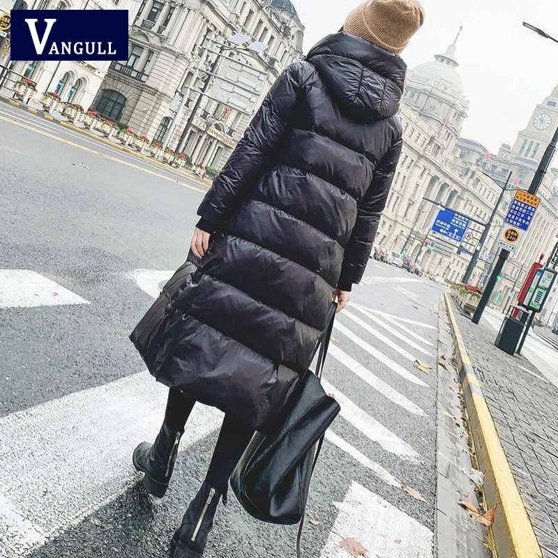 Skup Vangull błyszczący dół bawełny kurtka watowana zimowe ciepłe długie płaszcze z kapturem 2019 jesień stałe zagęścić błyszczące kobiety odzież wierzchnia