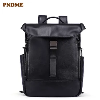 

PNDME casual designer genuine leather black men's women's backpack travel first layer cowhider multifunction computer backpack