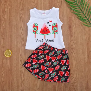 

1-4 Years Baby Girls Summer Set Infant Tank Top+Shorts Watermelon Ice Cream Printing Fresh Fruit Letter Baby Summer Clothes Set