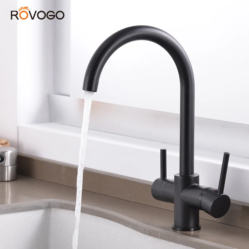 ROVOGO, grúa filtrada de doble mango negro mate para cocina, grifo con filtro de agua de rotación de 360, grifo mezclador de fregadero de cocina de tres vías