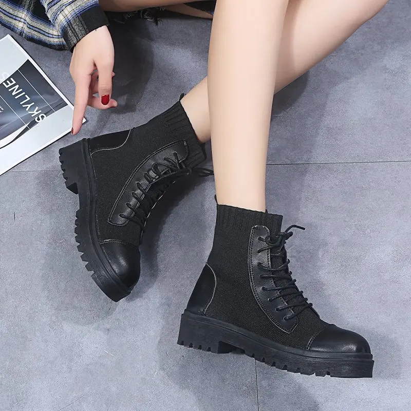 Boots Female Womens Shoes Ankle 2020 Autumn British Style Leather Flat Platform Boots Motorcycle Martin Shoes For Women