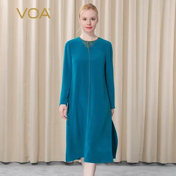 

VOA30mm heavy silk round-necked dark-buttoned pin craft gold-trimmed European version of the long-sleeved fork dress.AE369
