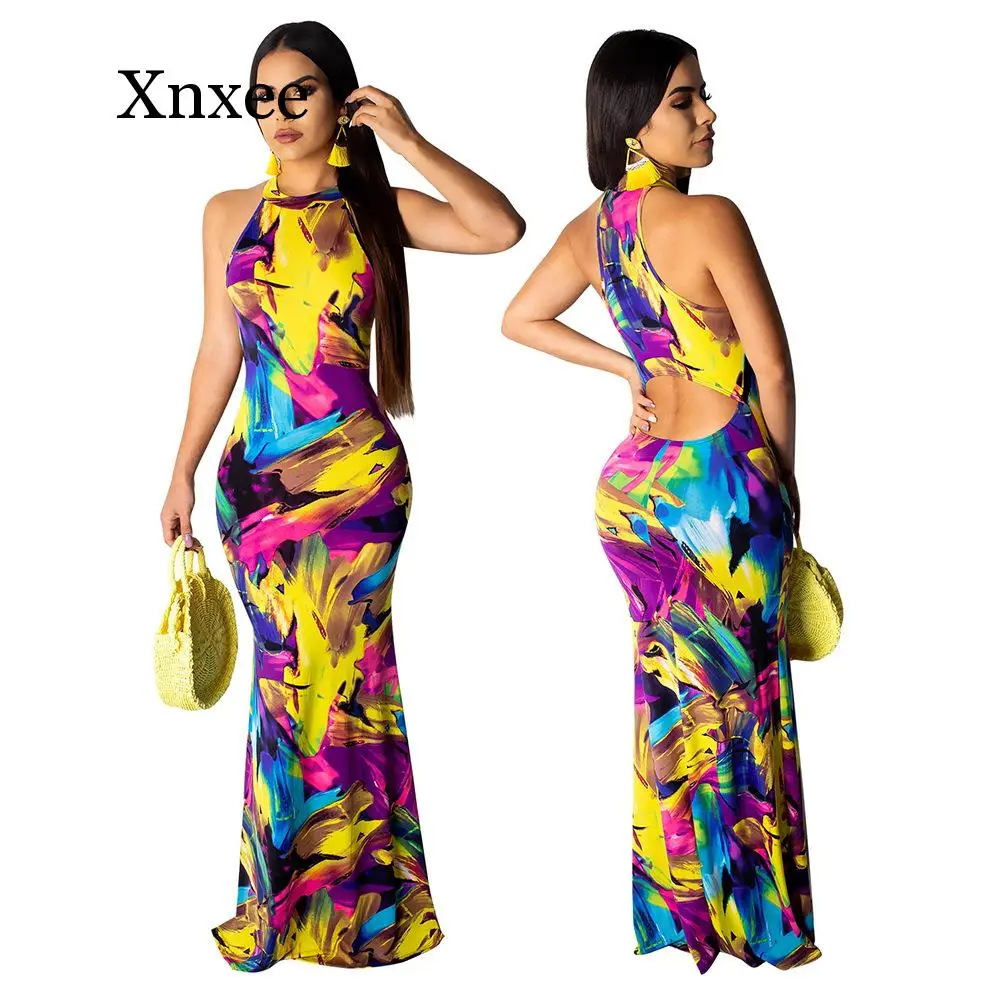 

Sexy Women Robe Summer Sleeveless Fashion Printed Boho Dress Back Hollow Out Slim Maxi Dress Thin Summer Party Dress Long