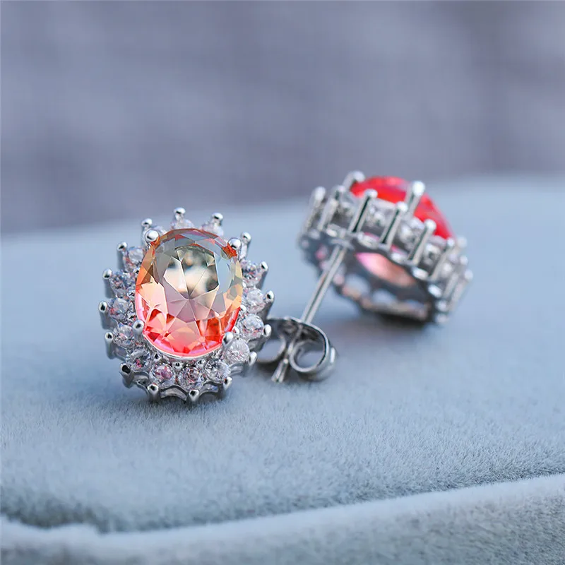 Cute Female Blue Oval Stud Earrings Simple Crystal Silver Zircon Stone Earrings For Women Luxury Vintage Wedding Earrings