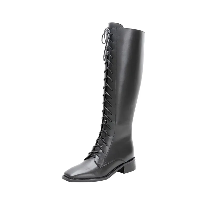 black cow leather MEMUNIA/Новое поступление года; сапоги до колена; женские мотоциклетные сапоги из лакированной кожи на молнии со шнуровкой; модная женская обувь на низком каблуке - Цвет: black cow leather