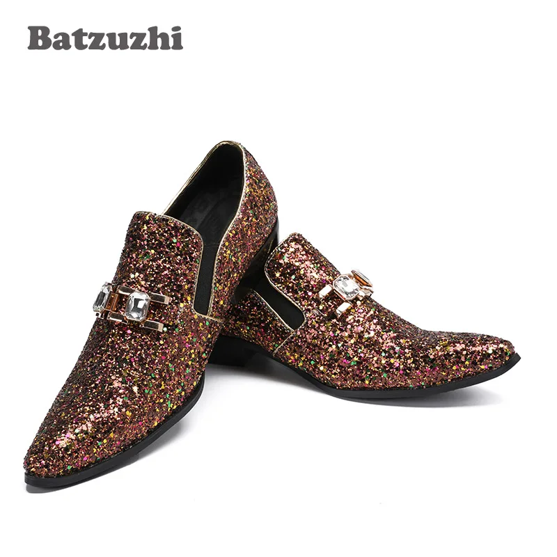 

Batzuzhi Luxury Brown Leather Dress Shoes Men Pointed Toe Italian Designer's Oxfords Glitter Bling Party, Runway Shoes Men