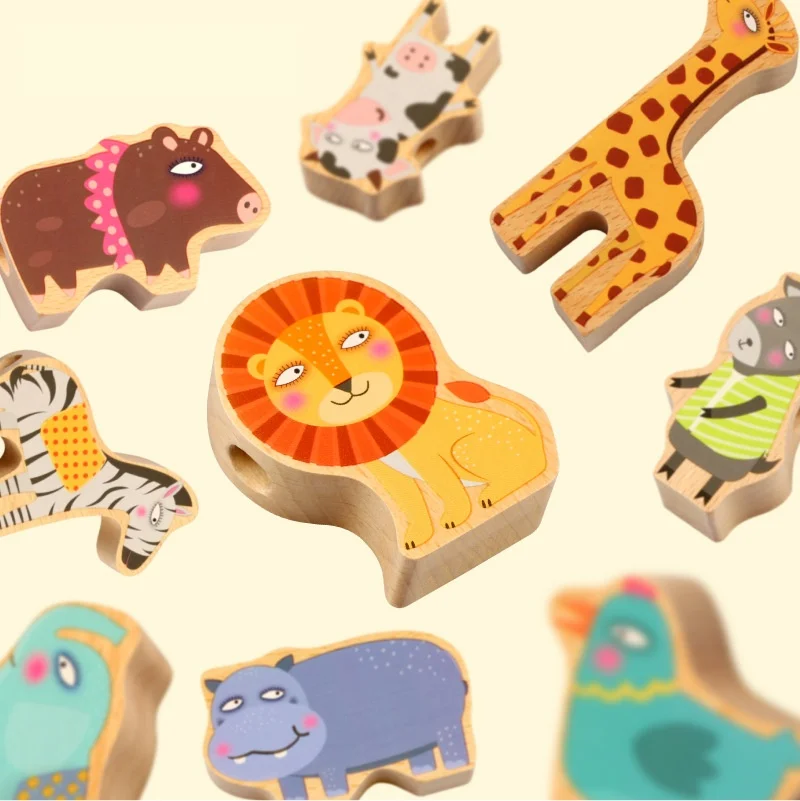 Children's wooden traffic animal three-dimensional puzzle jigsaw rope stringing cognitive children's toy car stringing game