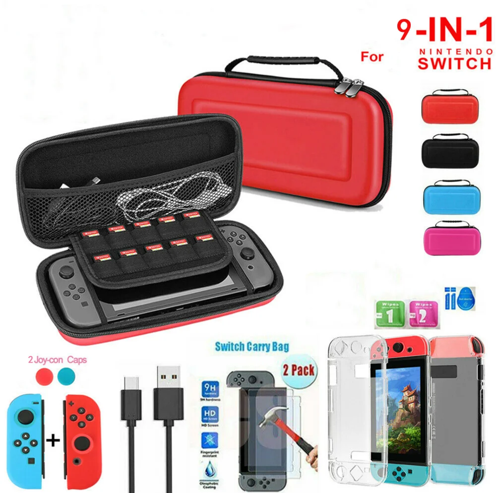 Набор игровых аксессуаров 9 в 1 черный красный синий розовый для Nintendo Switch дорожная сумка защитный чехол