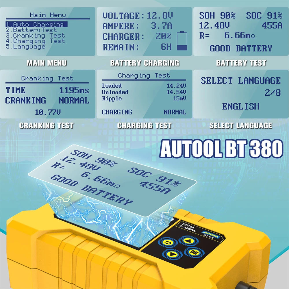 새로운 원래 AUTOOL BT380 12V CCA2400 자동차 배터리 테스터 배터리 충전기 분석기 220V 110V 차량 보조베터리