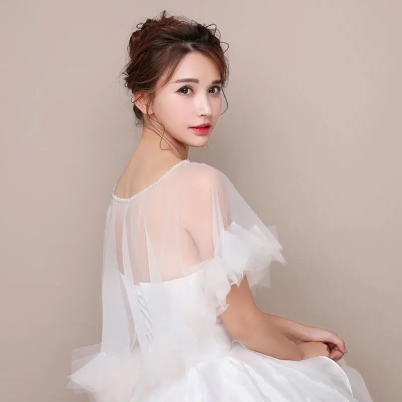 Womens Wedding Cape Sheer Tulle Trim Bridal Capelet 1920S Ladies Pullover Neck Shrug Wrap for Dress Cover Up