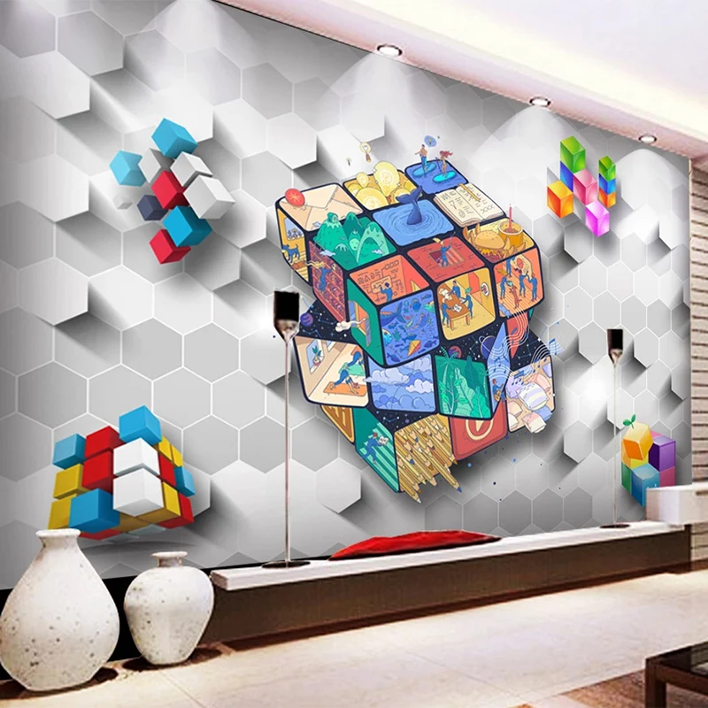 

Drop Shipping Custom Any Size Mural Wallpaper 3D Stereo Colorful Magic Cube Wall Painting Mall Background Wall Sticker Fresco