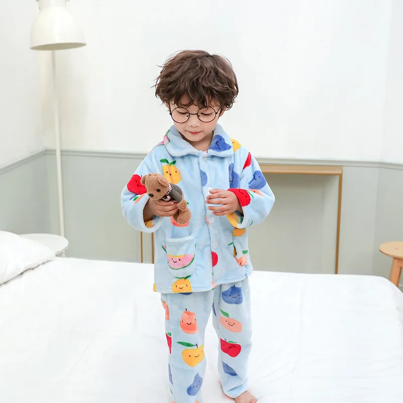 Зимние фланелевые детские пижамные комплекты; детская теплая одежда для сна; принты животных из мультфильмов; одежда для сна для маленьких девочек и мальчиков; детские пижамы для девочек - Цвет: shuiguo blue